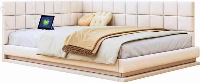 Divano letto 140x200 cm con LED multicolore; USB e rete a doghe in lino beige