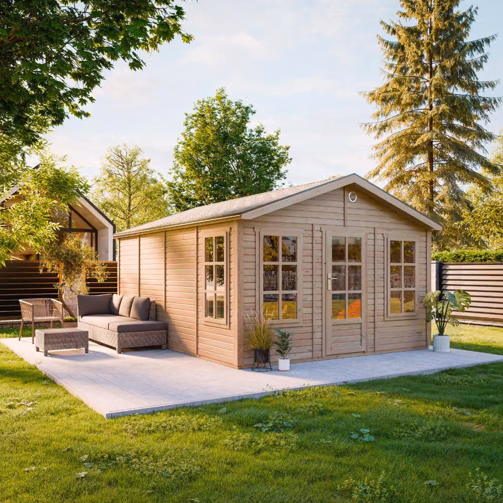 TIMBELA M736 Casetta da Giardino in Legno 370 x 480 cm, Capanno da Giardino con 3 Finestre in Vetro Temperato, Porta Vetrata, Tetto con Tegole Bituminose, Senza Pavimento