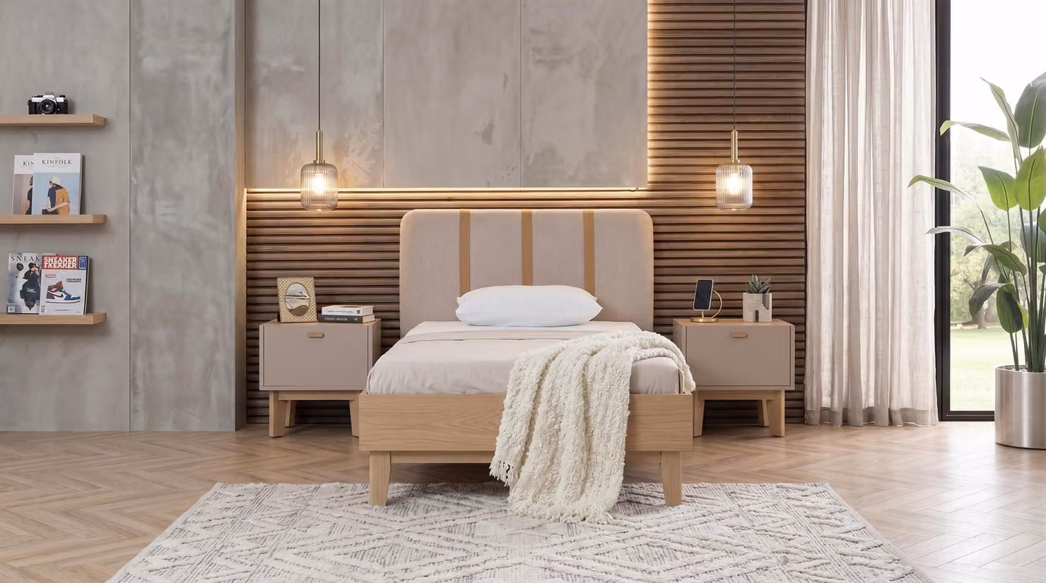 Letto moderno color beige per ragazzi, comodini, camera da letto di alta qualità e dal design elegante