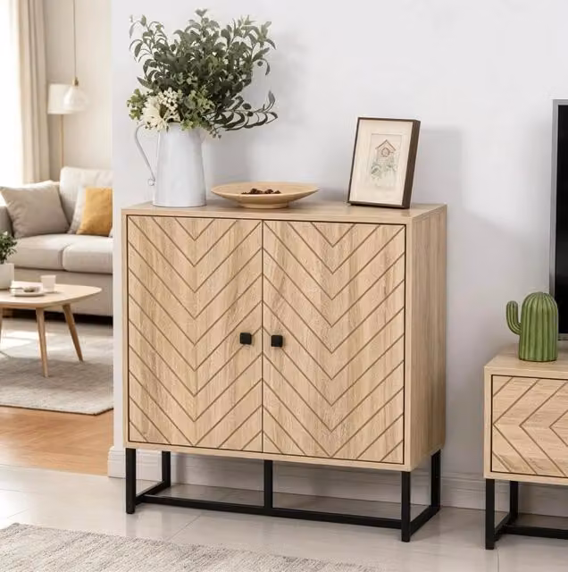 Credenza contenitore bicolore con ripiani regolabili e base in metallo