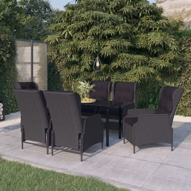 Set da pranzo da giardino moderno vidaXL in metallo e rattan con tavolo in vetro, 7 pezzi, Grigio e Nero – 1