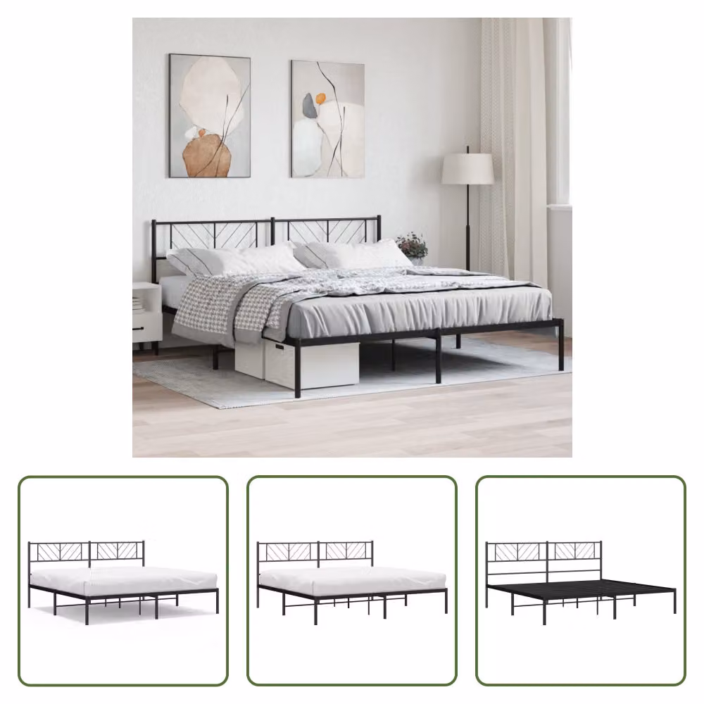 The Living Store Struttura letto con testiera in metallo nero 200x200 cm