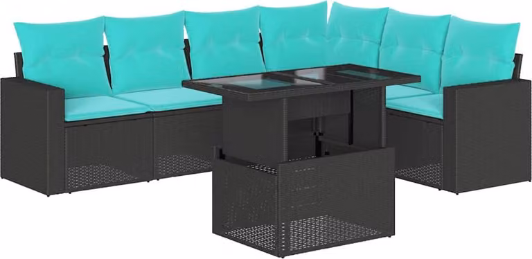 set di divani da giardino 7 pezzi con cuscini, polyrattan nero