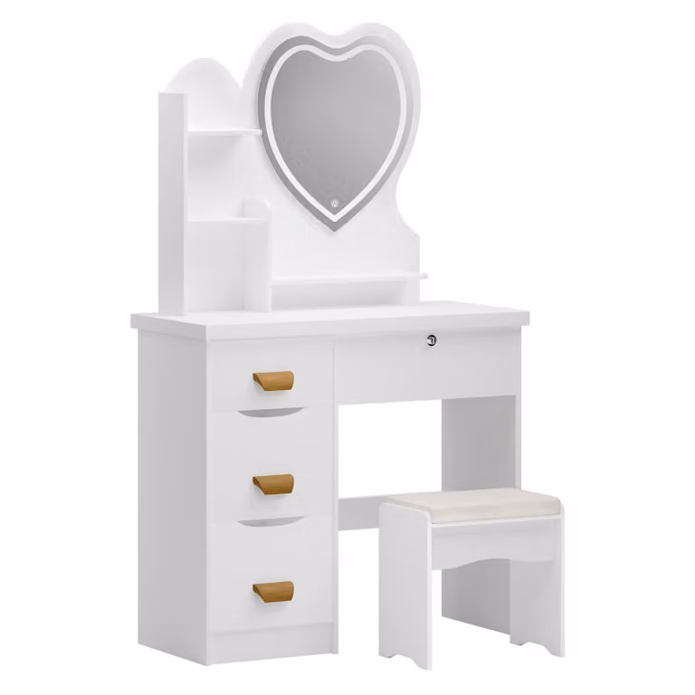 Comò da trucco bianco con specchio a LED a forma di cuore - Mobile da camera da letto in legno, completo di sgabello