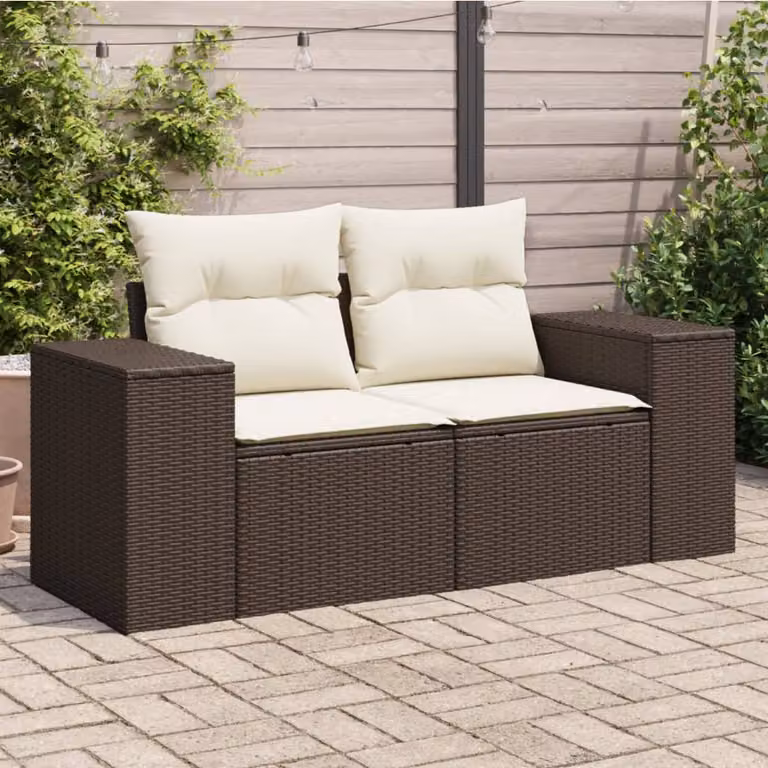 vidaXL Divano da Giardino a 2 Posti in Polyrattan Marrone e Bianco con Cuscini Imbottiti e Rivestimenti Rimovibili