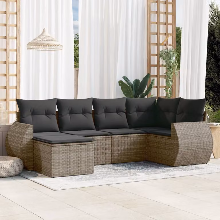 vidaXL Set Divano da Giardino a L in Polyrattan Grigio con 6 Cuscini Imbottiti e Coperture Rimovibili
