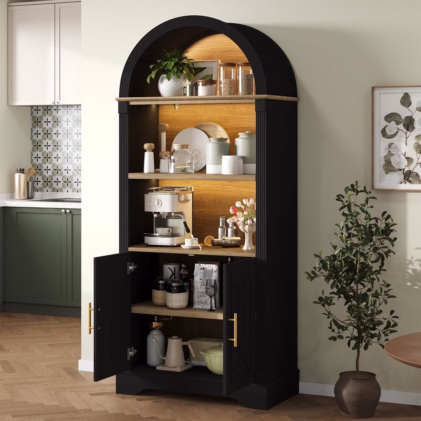 Mobile da cucina MODFU con illuminazione a LED, credenza con decoro a forma di arco, mobile buffet alto con spazio contenitivo, mobili per il soggiorno, colore nero, dimensioni 76x40x180 cm