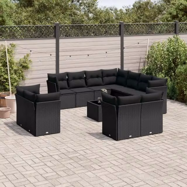 Set di divani da giardino VIDAXL a forma di U in polyrattan nero con cuscini, 12 pezzi