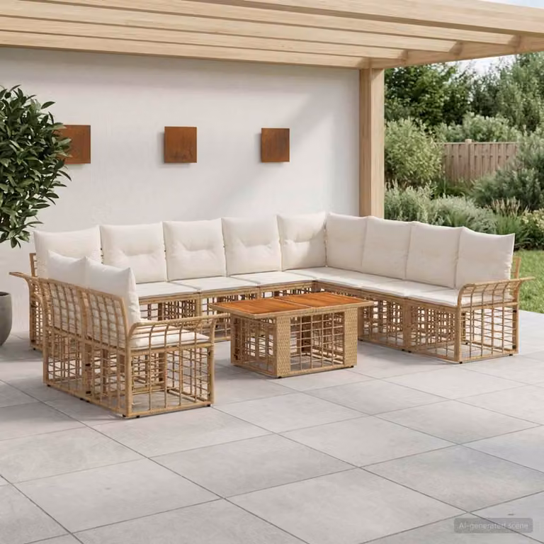 Set Divano da Giardino vidaXL 11 pz in Polyrattan Moderno con Cuscini e Tavolino, Colore Naturale e Bianco Crema