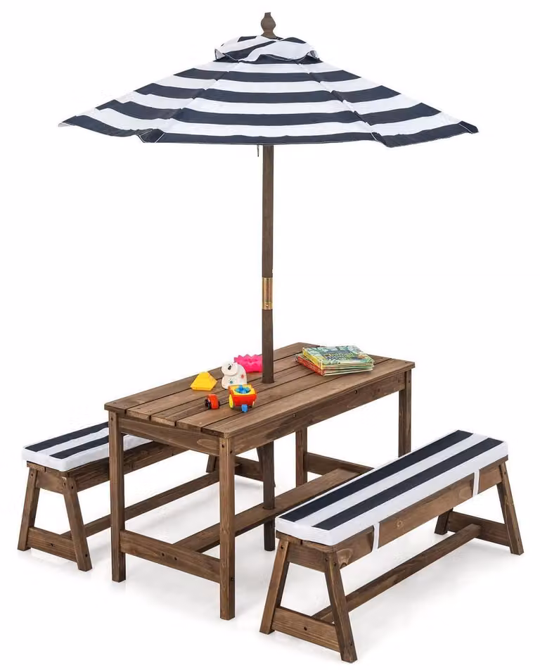 Tavolo da gioco per bambini con panche, cuscini e ombrellone, in legno, colore blu