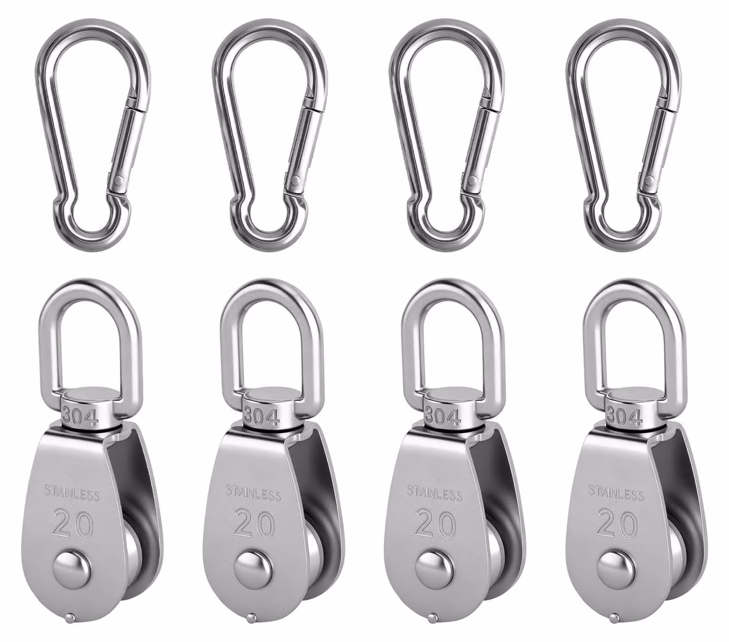 Set di carrucole per sollevamento, 8 pezzi, acciaio inossidabile, capacità di carico 75 kg, composto da 4 carrucole M20 e 4 ganci M6