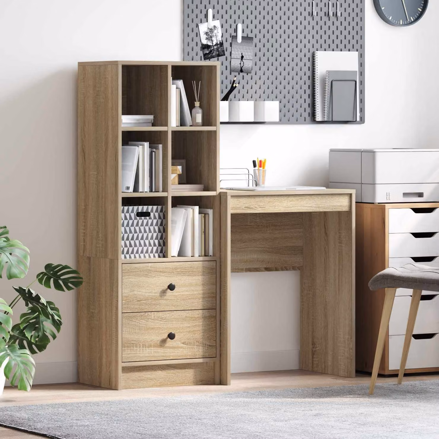 Set di 2 Scrivanie moderne vidaXL in Rovere Sonoma marrone con scaffale, L: 105,5 cm, P: 34 cm, H: 127 cm