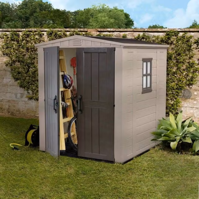 Casetta da giardino Weyburn DMORA, capanno da esterno e ripostiglio per attrezzi in plastica con doppia porta e finestra, Beige, L: 178 cm, P: 195,5 cm, H: 208 cm – 1
