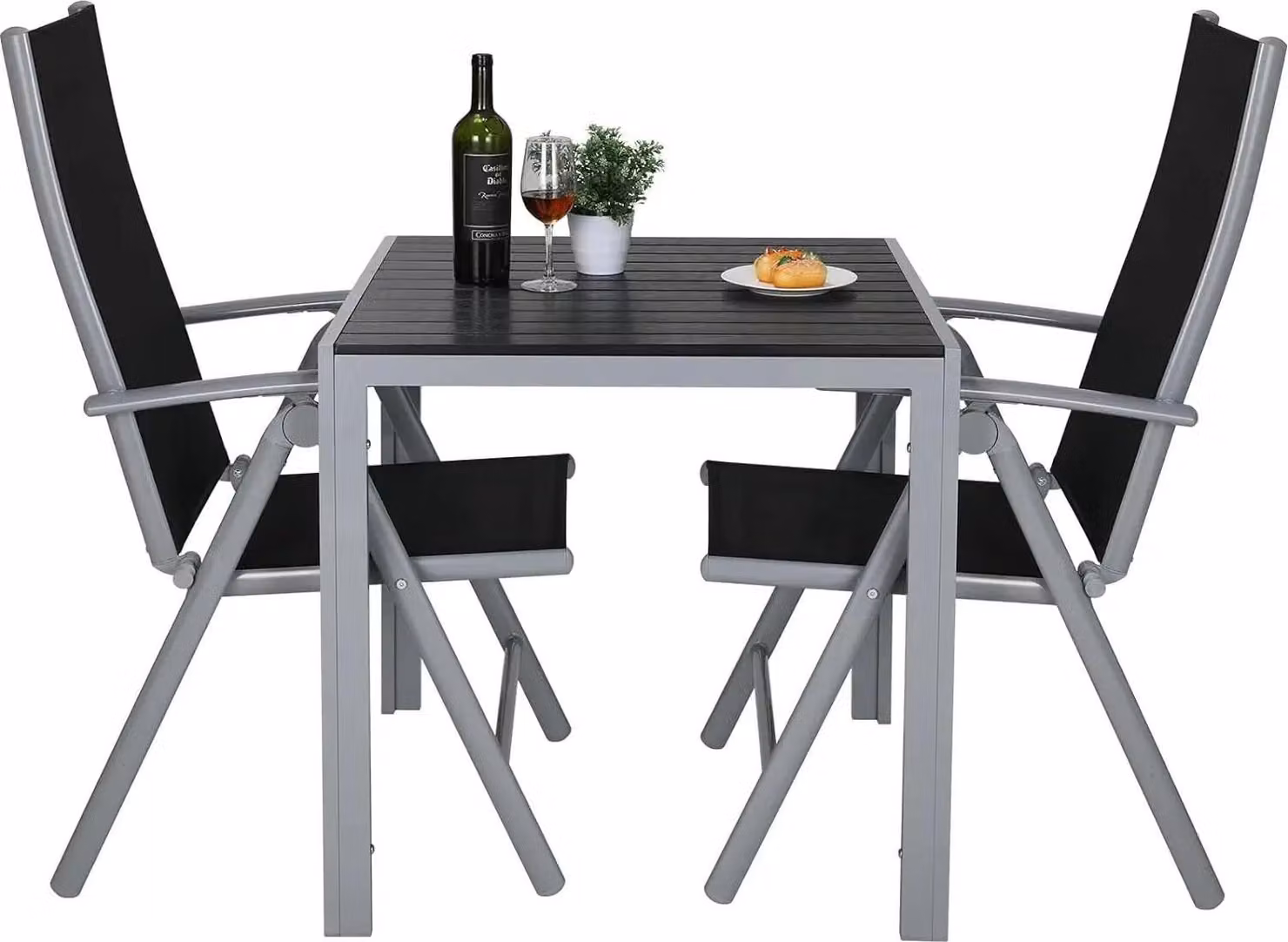 Set di mobili da giardino in 3 pezzi - Set da balcone con 2 sedie + tavolo quadrato in WPC - Struttura in alluminio - Schienale alto - Per 2 persone - Grigio scuro con bordi argentati