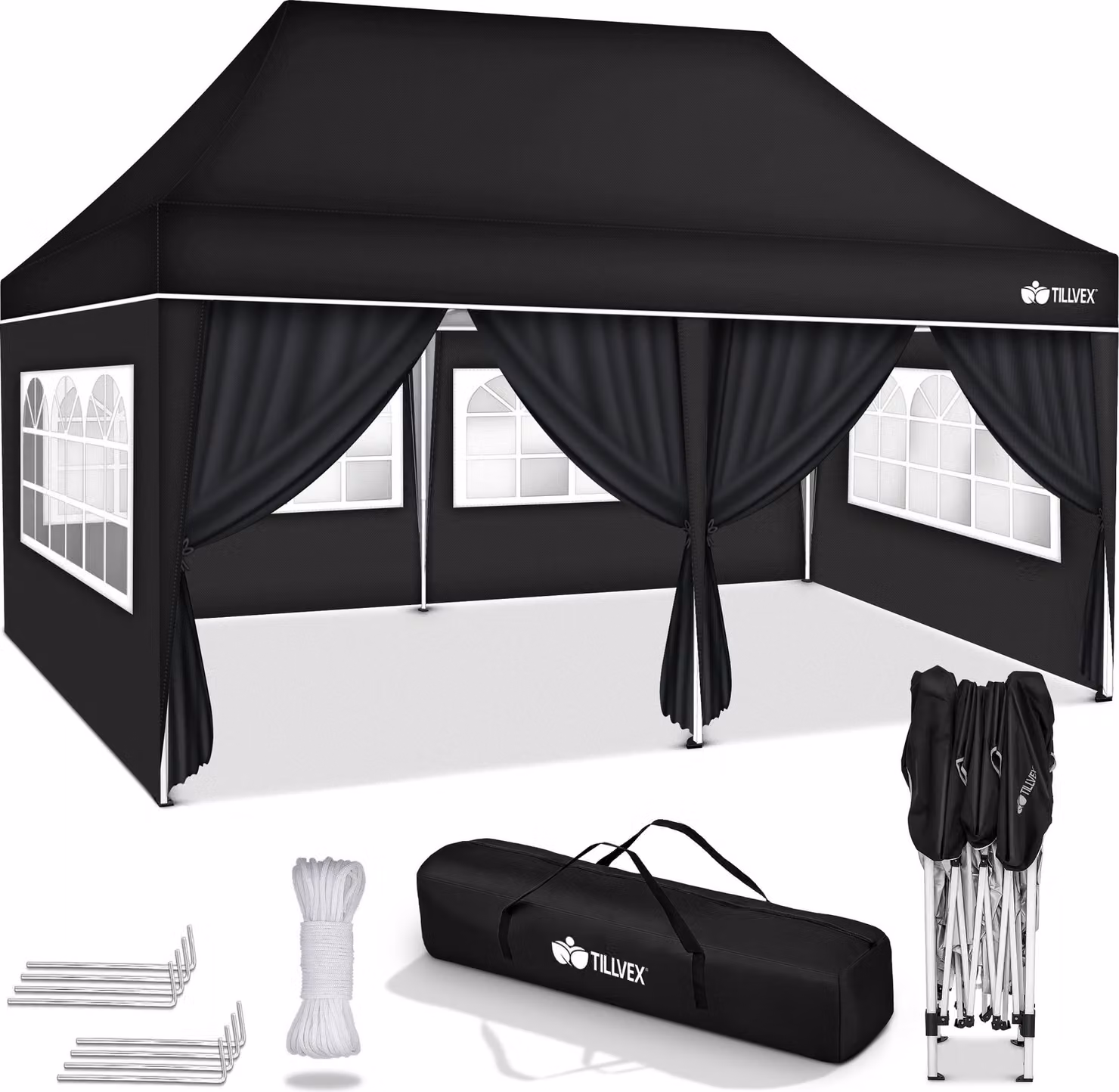 tillvex gazebo 3x6m - con 6 pareti laterali nero impermeabile | gazebo pieghevole pop-up regolabile in altezza | tenda da giardino protezione UV 50+ | tenda da festa con borsa per giardino