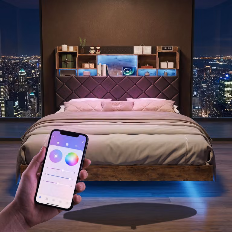 INONEFT Letto sospeso 140x200 cm con LED RGB, letto imbottito con testiera contenitore e prese USB-C e di corrente, struttura letto in metallo con rete a doghe, rivestito in PU