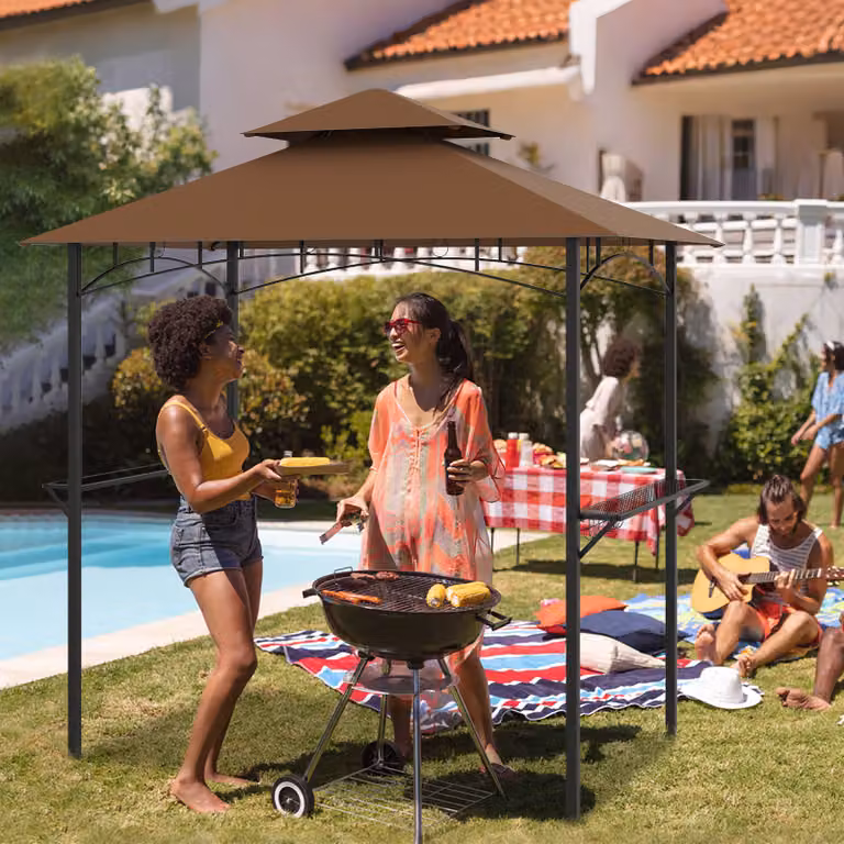 Gazebo per barbecue Costway colore marrone con copertura a doppio strato, 2 ripiani e 7 ganci, ideale per giardino e piscina