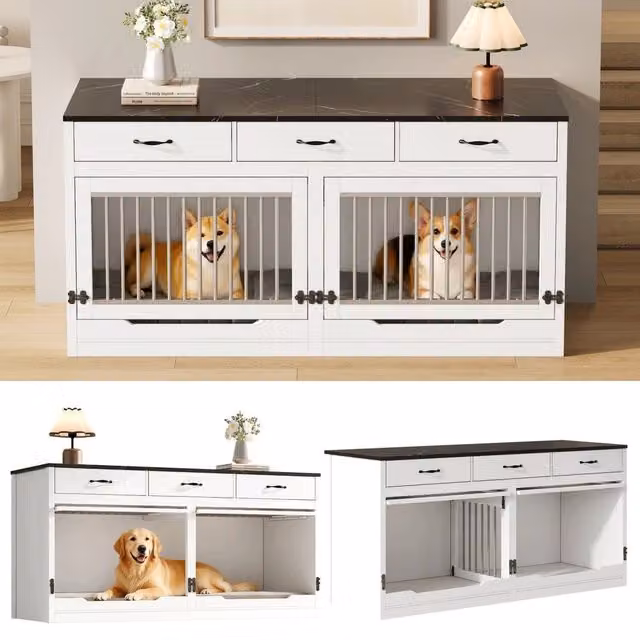 Box per Cani Minimal in Legno e Metallo Bianco e Nero con 3 Cassetti, L 164 cm x P 60 cm x H 81 cm