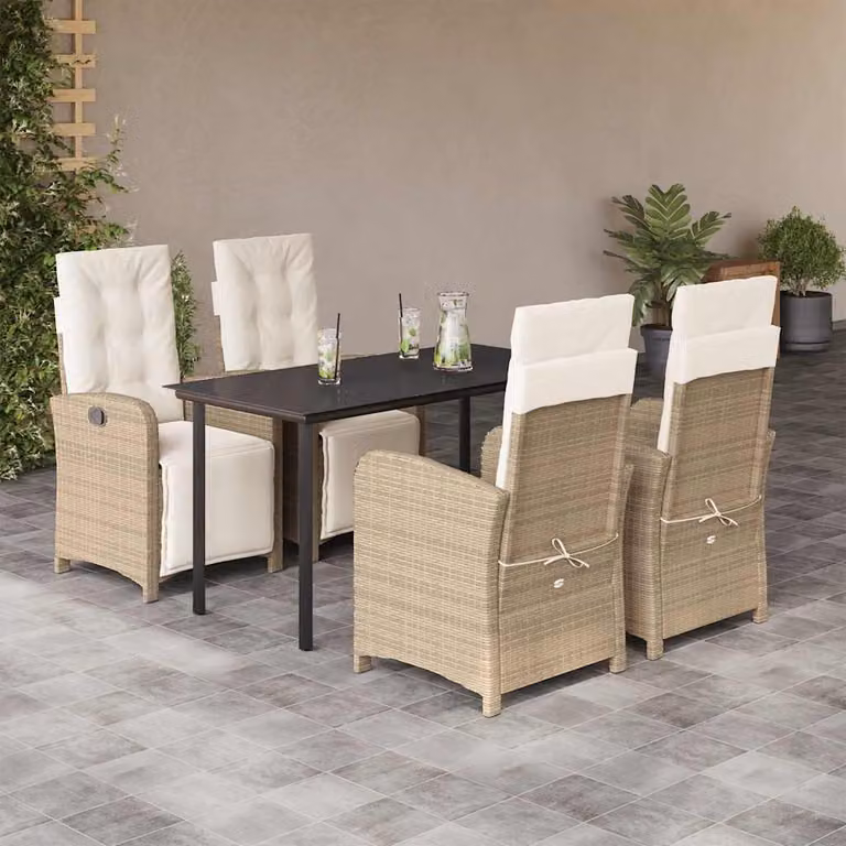 Set da Pranzo da Giardino 5 pz vidaXL in Polyrattan con Cuscini Beige e Tavolo in Vetro