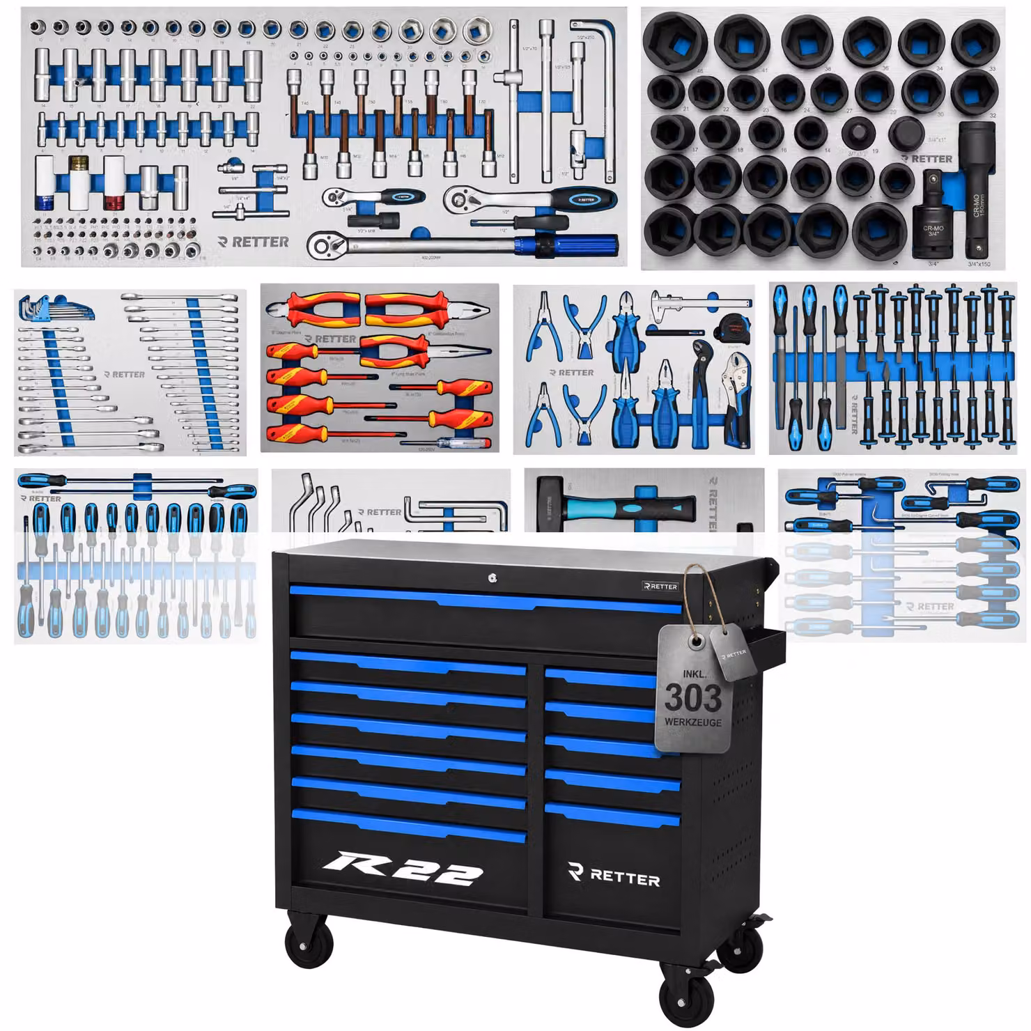 Carrello portautensili RETTER R22S con set di utensili CR-V da 303 pezzi e piano di lavoro in acciaio inossidabile con 12 cassetti