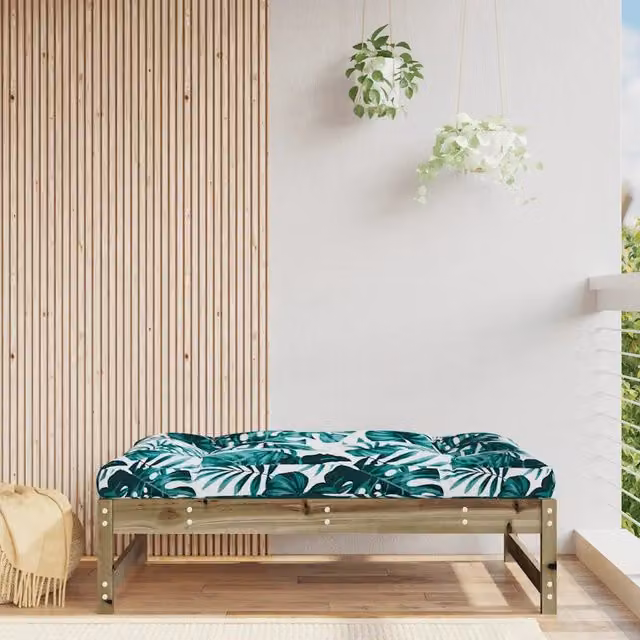 Poggiapiedi da giardino in legno di pino impregnato con cuscini verdi a fantasia floreale L: 120 cm, P: 80 cm