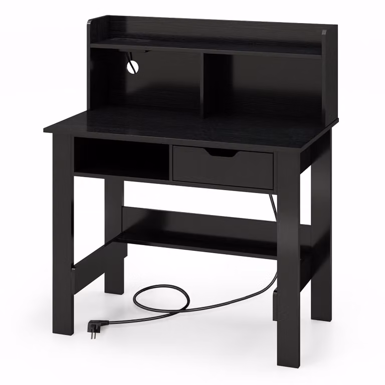 COSTWAY Scrivania con prese di corrente, piccola scrivania per computer con piano, vano aperto e cassetto, scrivania per PC, scrivania per ufficio 95x56x109,5 cm nero