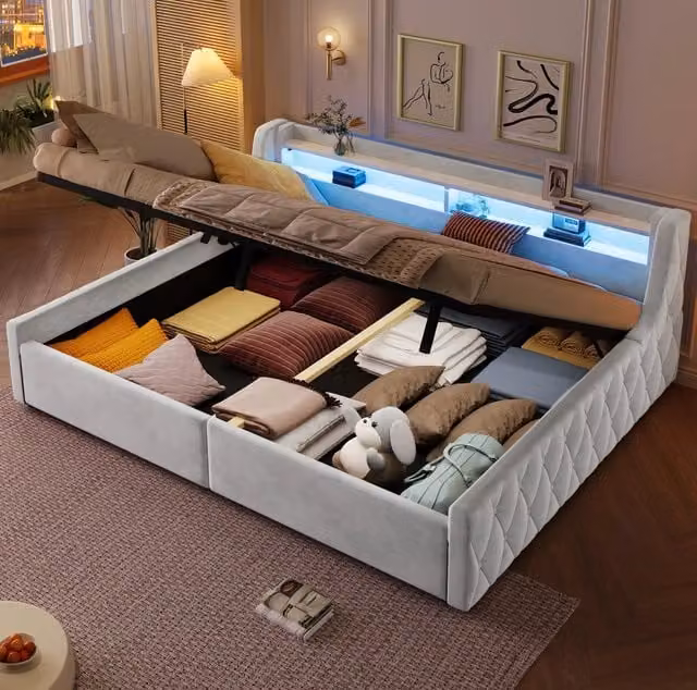 Letto imbottito 140x200 cm con contenitore idraulico; LED e flanella; Off White
