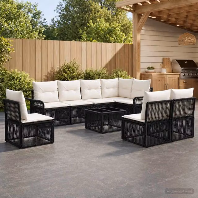 Set Divano da Giardino a Forma a U vidaXL in Polyrattan Nero con Cuscini e Tavolino da Caffè