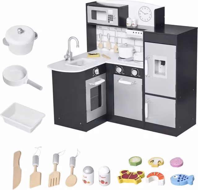Cucina giocattolo in legno con accessori Zephmum, argento e marrone, L 86 cm x P 64 cm x H 84.5 cm