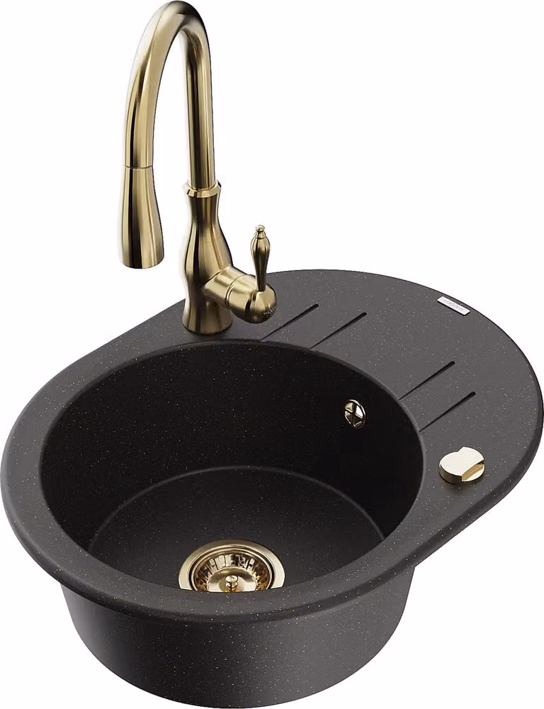 Mexen Kevin lavello in granito a 1 vasca con scolapiatti e rubinetto da cucina Savita, nero/oro metallizzato - 6517-75-672601-50