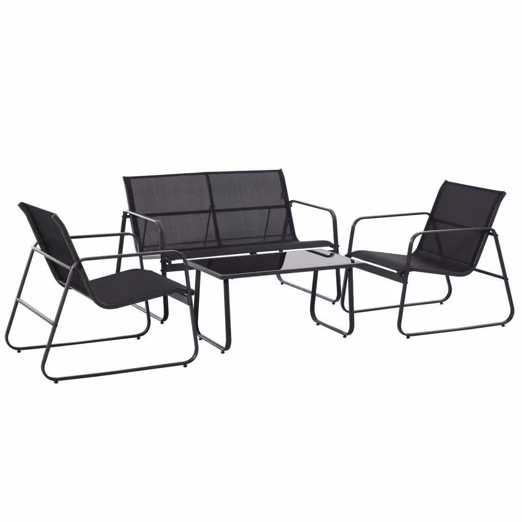 Set salotto da giardino XYLO composto da 4 pezzi con divano a 2 posti, sedie e tavolo in vetro temperato, colore nero con struttura in metallo e sedute in textilene – 2