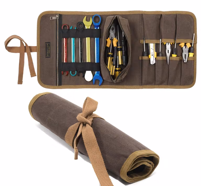 Rotolo per attrezzi robusto, realizzato in tela cerata, con tasca con cerniera, di piccole dimensioni, ideale per utensili