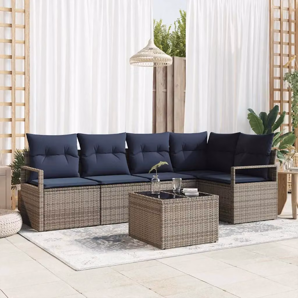 Set di divani da giardino vidaXL in polyrattan grigio con cuscini, composto da 6 pezzi con divani a 2 e 3 posti, elemento angolare e tavolino da caffè