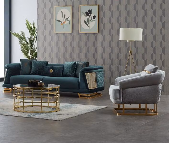 Sofagarnitur Polstersofa Dreisitzer Sessel Blau Couch Stoffsofa 2tlg