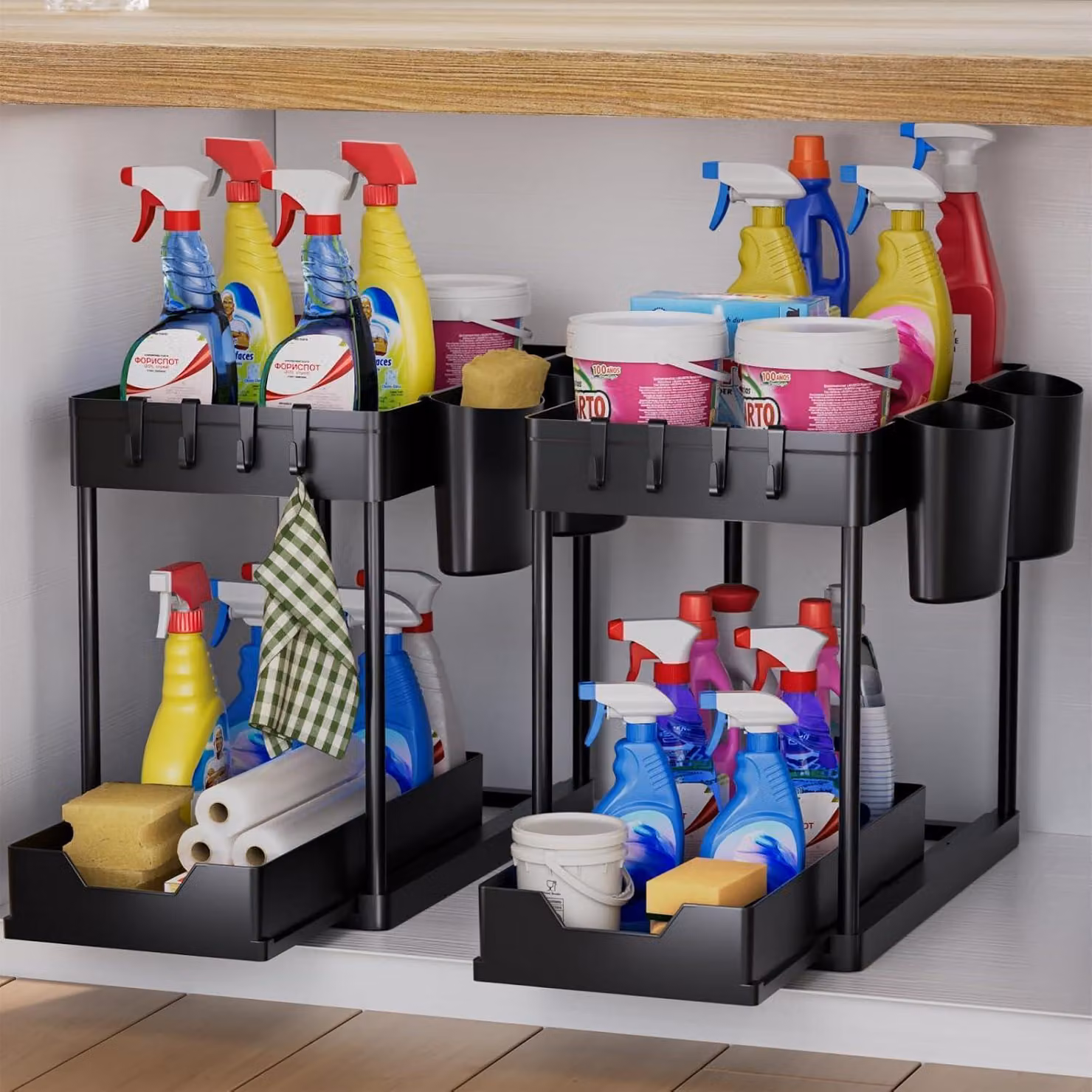 Organizzatore per cucina, 2 ripiani, da posizionare sotto il lavello, con ganci e portabicchieri, colore nero, set da 2