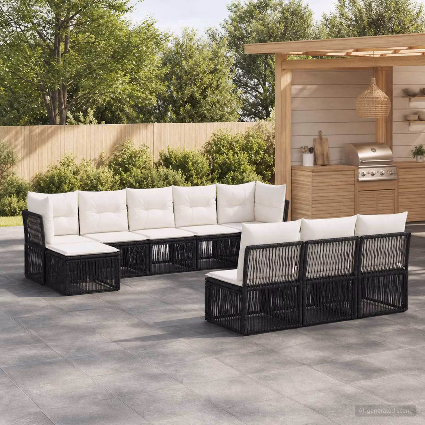Set Divano da Giardino vidaXL 10 Pezzi a Forma di L in Polyrattan Nero con Cuscini e Struttura in Acciaio Verniciato a Polvere