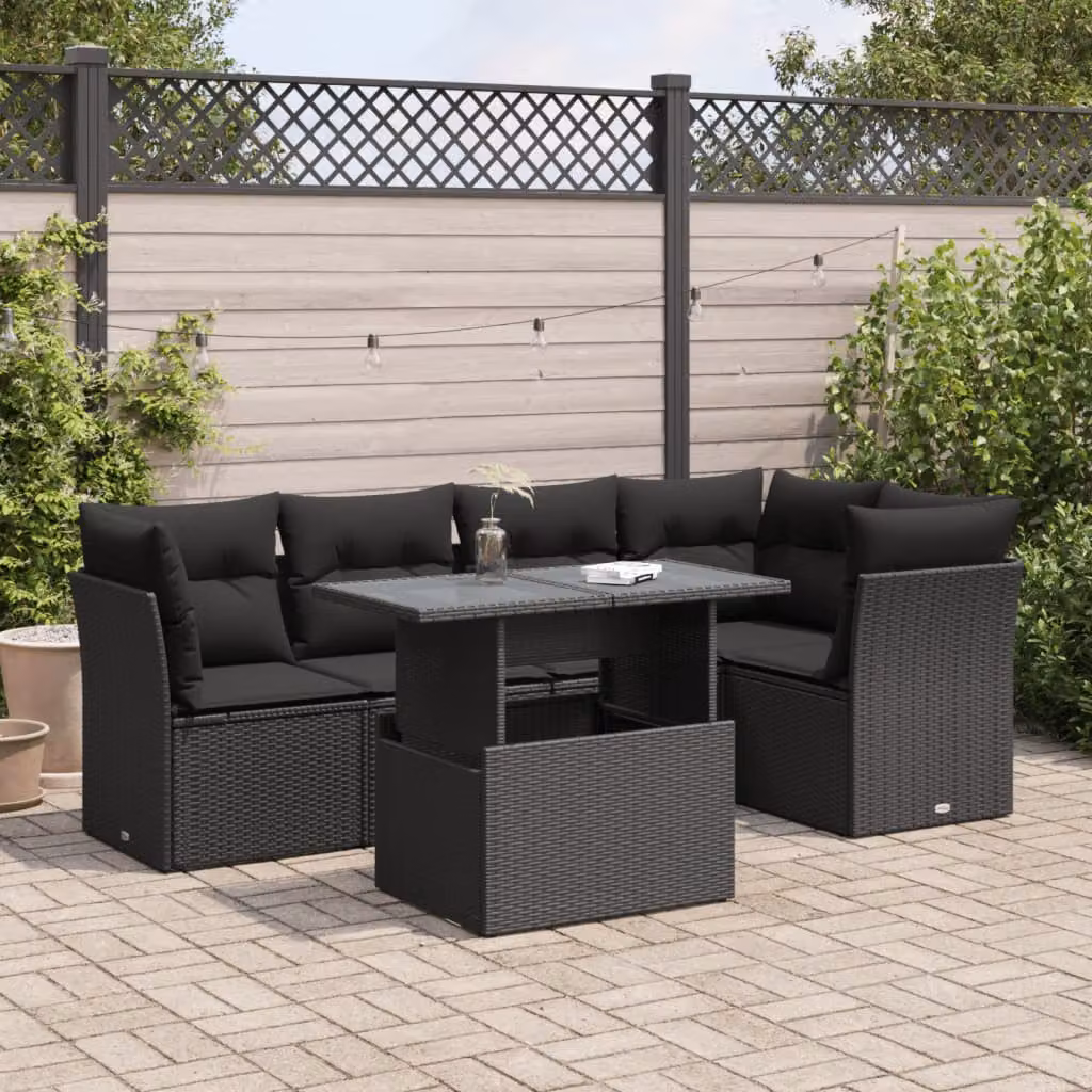 Set Divano da Giardino vidaXL 6 pz in Polyrattan Nero con Cuscini e Tavolino da Esterno