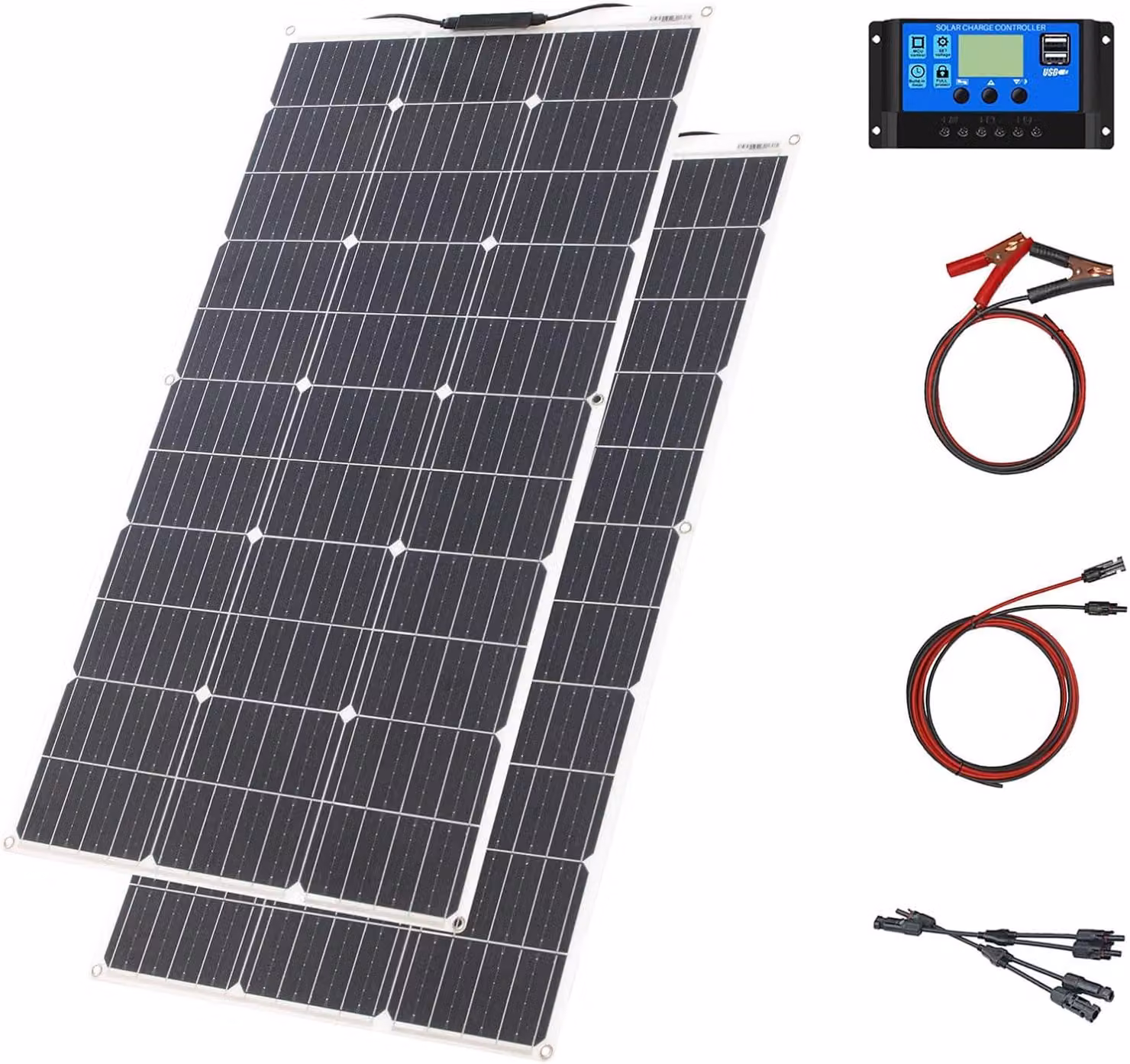 Kit di pannelli solari flessibili da 200W, con regolatore di carica da 20A e moduli monocristallini, ideale per camper e imbarcazioni