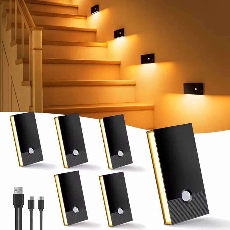 Lampada da notte con sensore di movimento, confezione da 6 lampade LED, ricaricabili tramite USB-C, con 3 modalità, ideali per illuminare le scale, dotate di sensore di movimento e luce bianca calda
