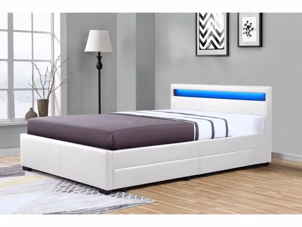 Letto NICO moderno con illuminazione LED sottostante e cassetti, rivestimento in ecopelle bianca, L/P/H: 160 x 200 x 73 cm – 2