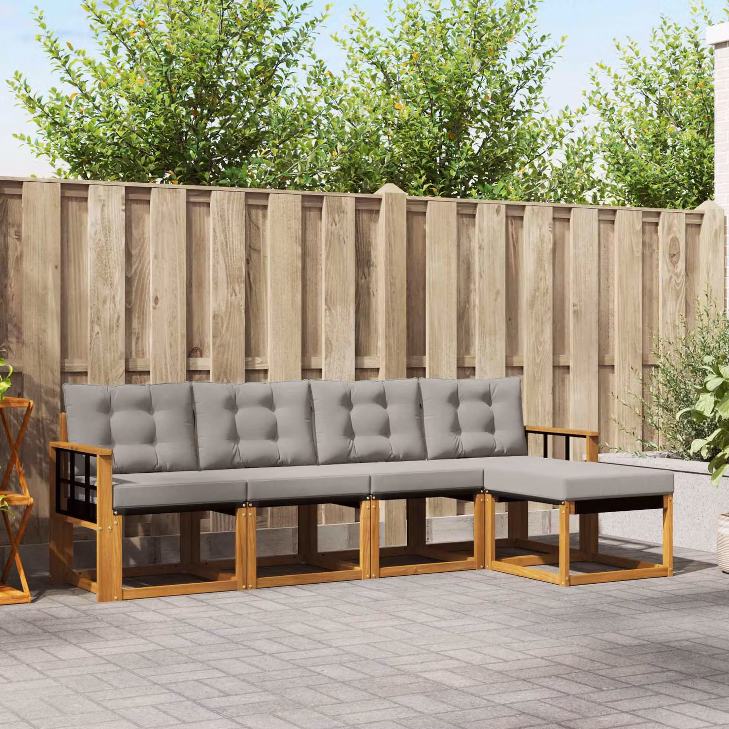 Set di divani da esterno vidaXL a forma di L in legno di acacia e textilene, colore grigio, composto da 5 pezzi con cuscini inclusi