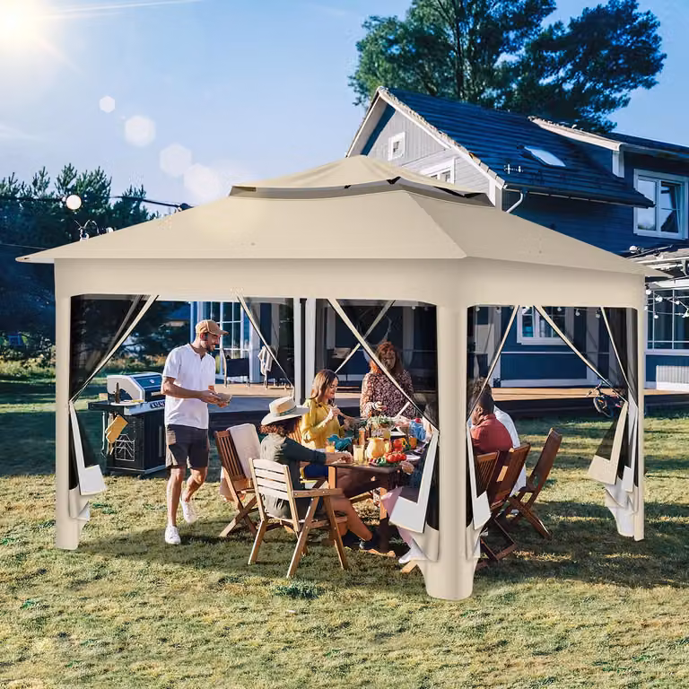 Gazebo pieghevole Izrielar Pop-up 3,3×3,3 m Gazebo da giardino con zanzariera e protezione UV – Gazebo parasole a montaggio rapido con tetto a doppia ventilazione, incl. borsa da trasporto e sacchi di sabbia, beige