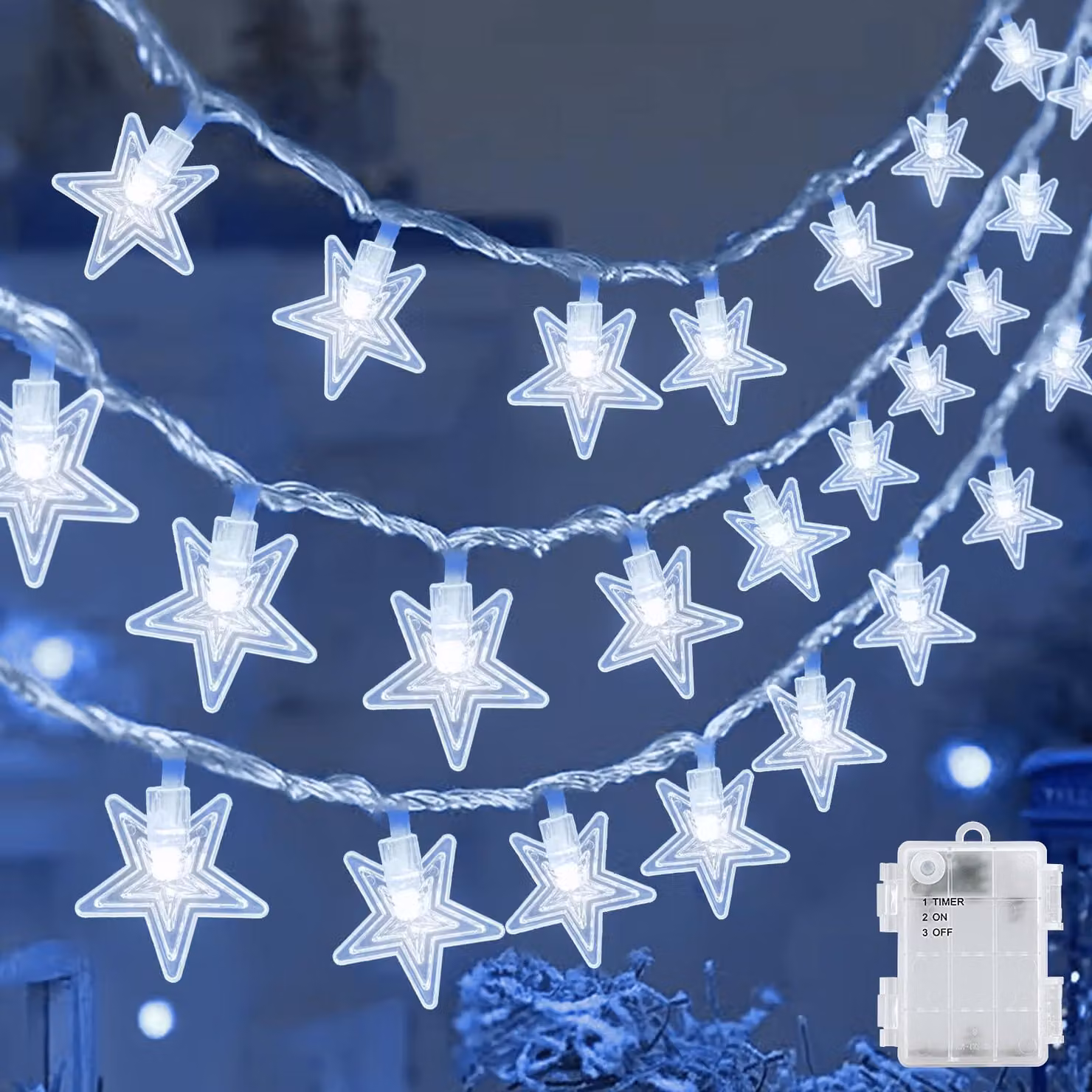 Catena luminosa a stella, 6 metri, 40 LED, alimentazione a batteria, grado di protezione IP65, luce bianca fredda