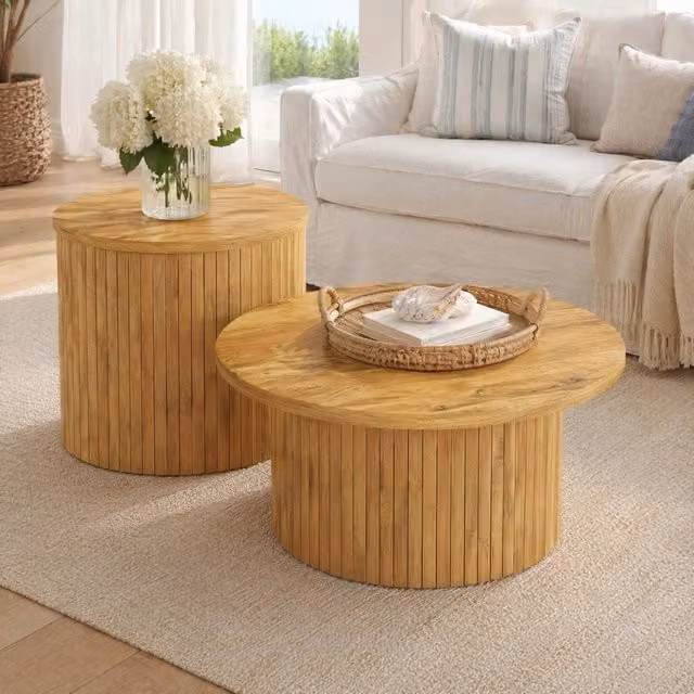 Set di 2 tavolini rotondi da salotto in MDF naturale, design nordico modulare