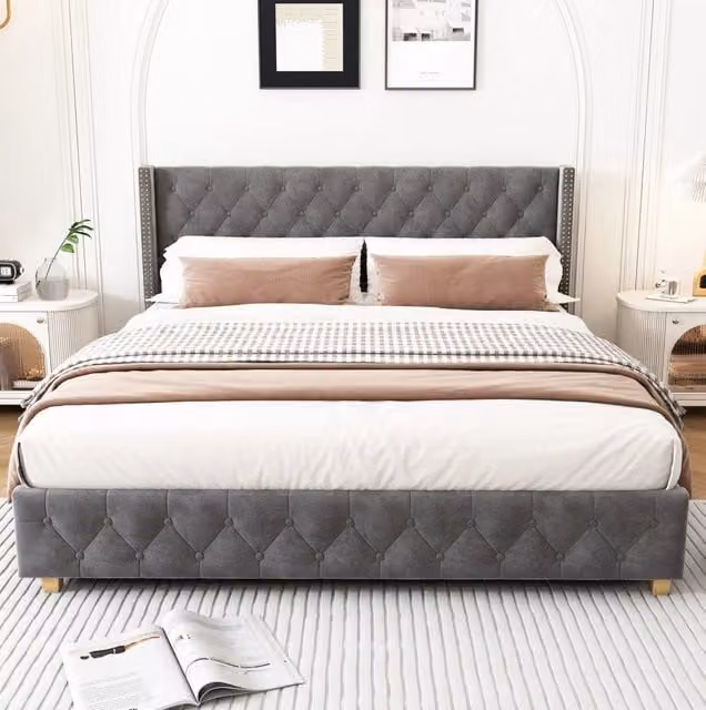 Letto matrimoniale imbottito 180x200 cm in velluto grigio con testiera e pediera capitonné