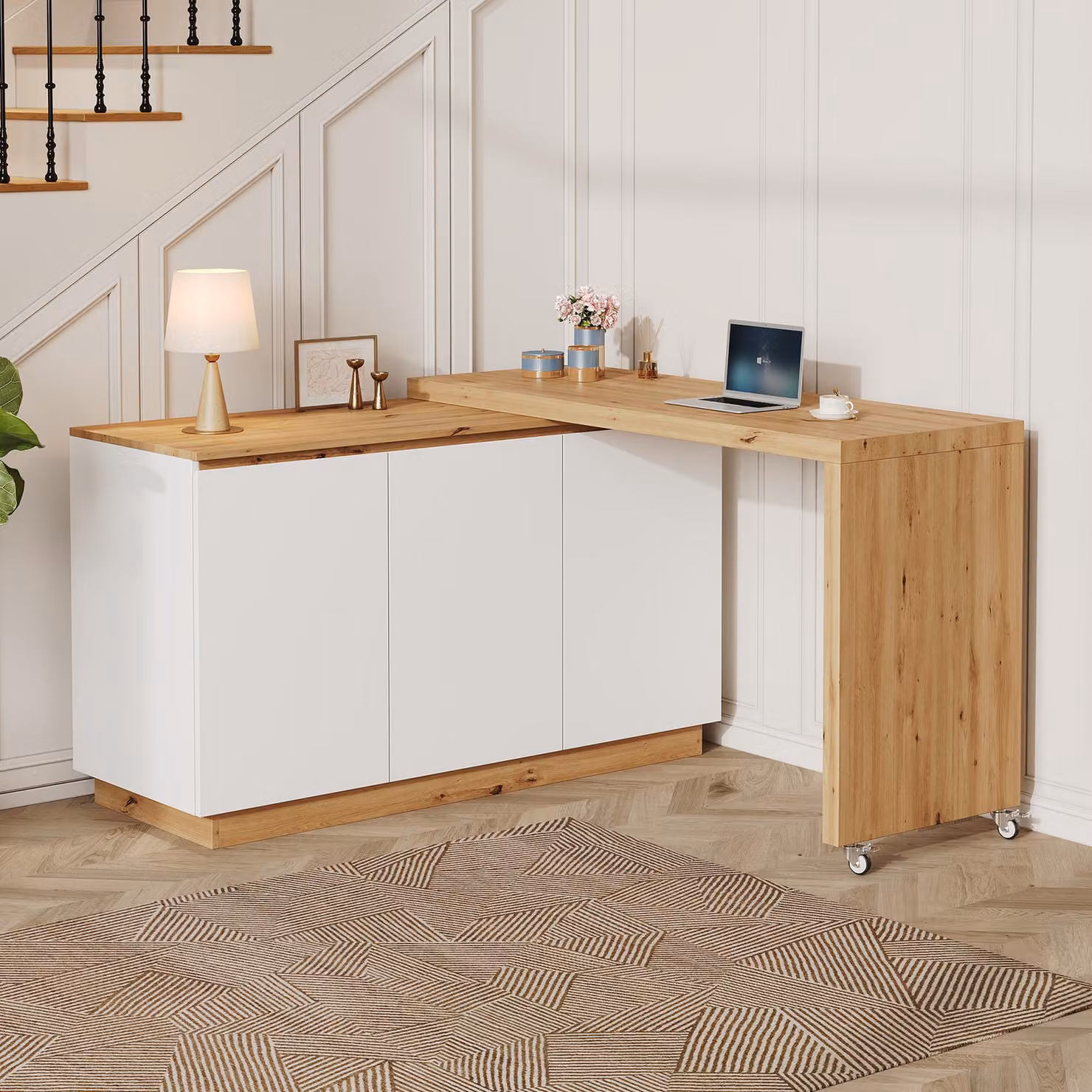 Scrivania con cassetti scorrevoli, scrivania angolare con piano girevole, mobile contenitore, dimensioni 124 x 45 x 82 cm, colore bianco e naturale, materiali: pannello di fibra a media densità (MDF) e pannello di fibra a bassa densità (PB)