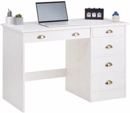 Scrivania in legno massello bianca a cinque cassetti
