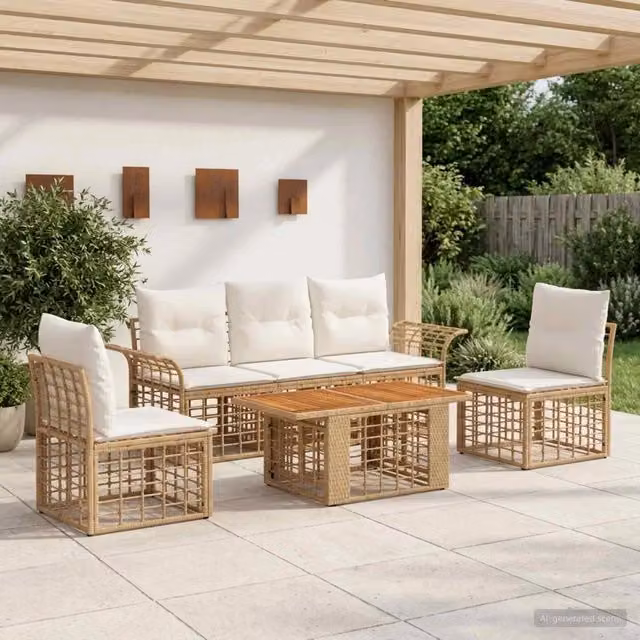 Set Divano da Giardino 6 pz Naturale e Bianco Crema polyrattan 3437964