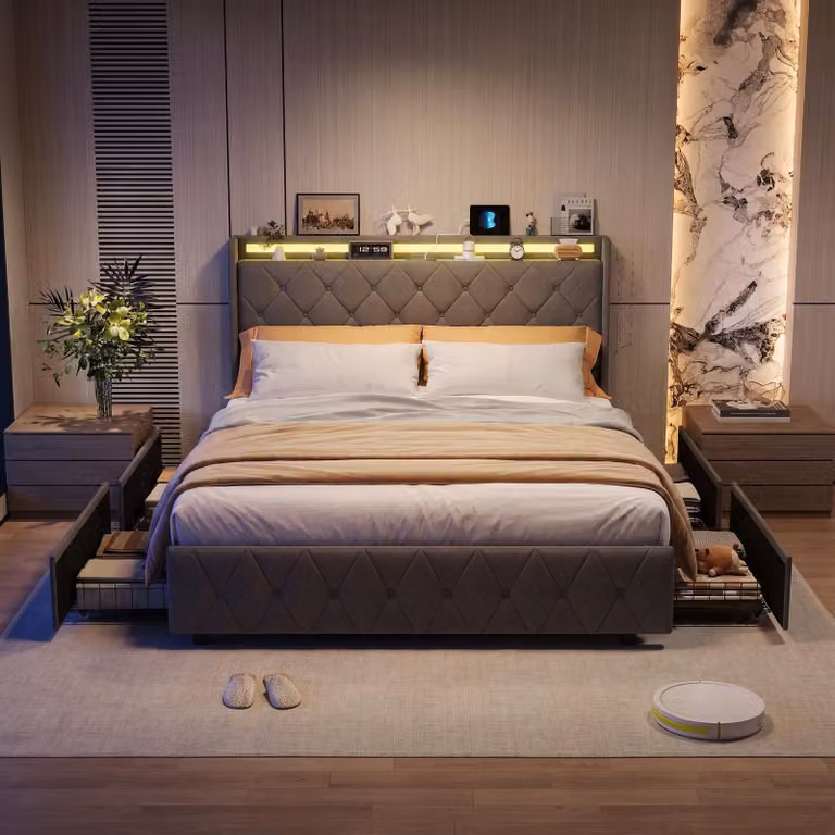 Letto imbottito INONEFT 140x200 cm con LED e USB, letto con 4 cassetti, struttura letto matrimoniale con rete a doghe, letto contenitore per ragazzi, in velluto, colore grigio