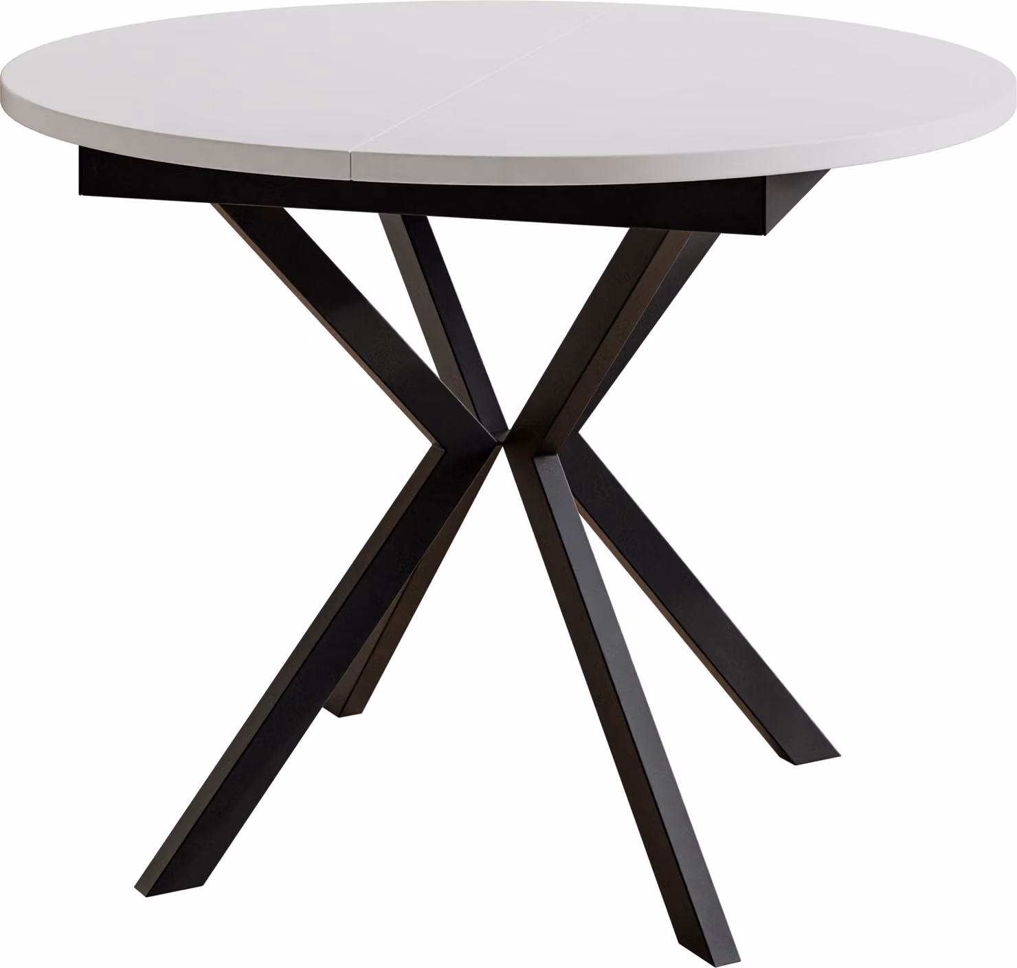 Tavolo rotondo per sala da pranzo LEO, diametro tavolo allungabile: da 100 cm a 138 cm, colore tavolo da soggiorno: bianco, con gambe in metallo nero
